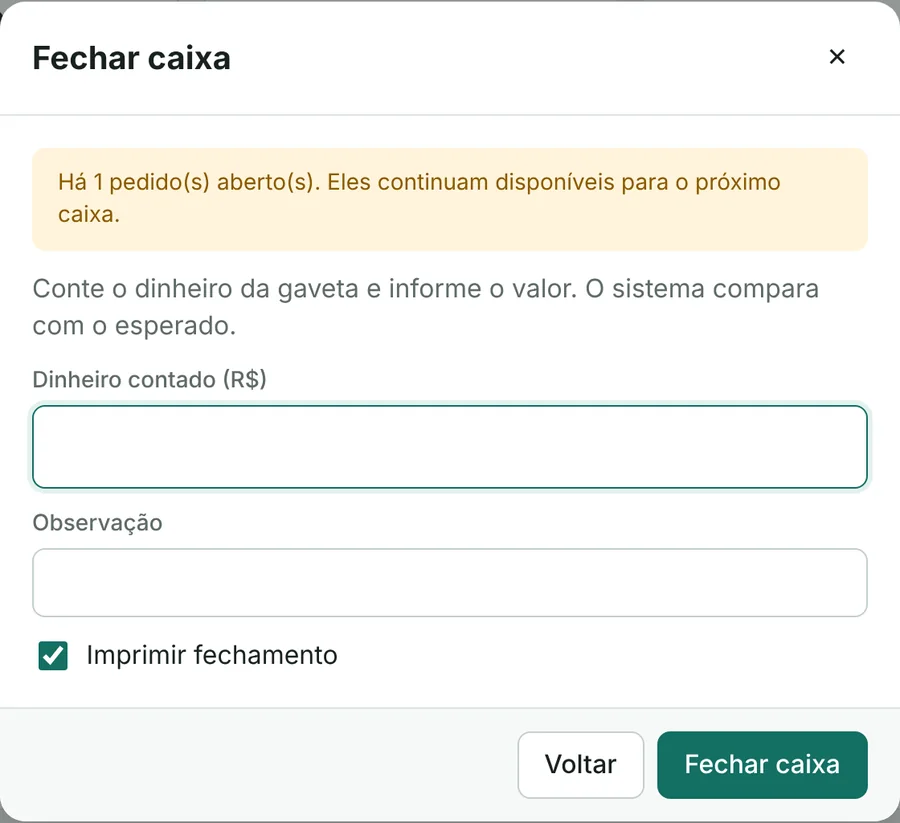Tela de fechamento de caixa com conferência