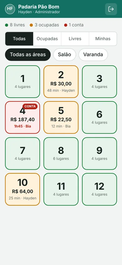 App do garçom no celular com as mesas
