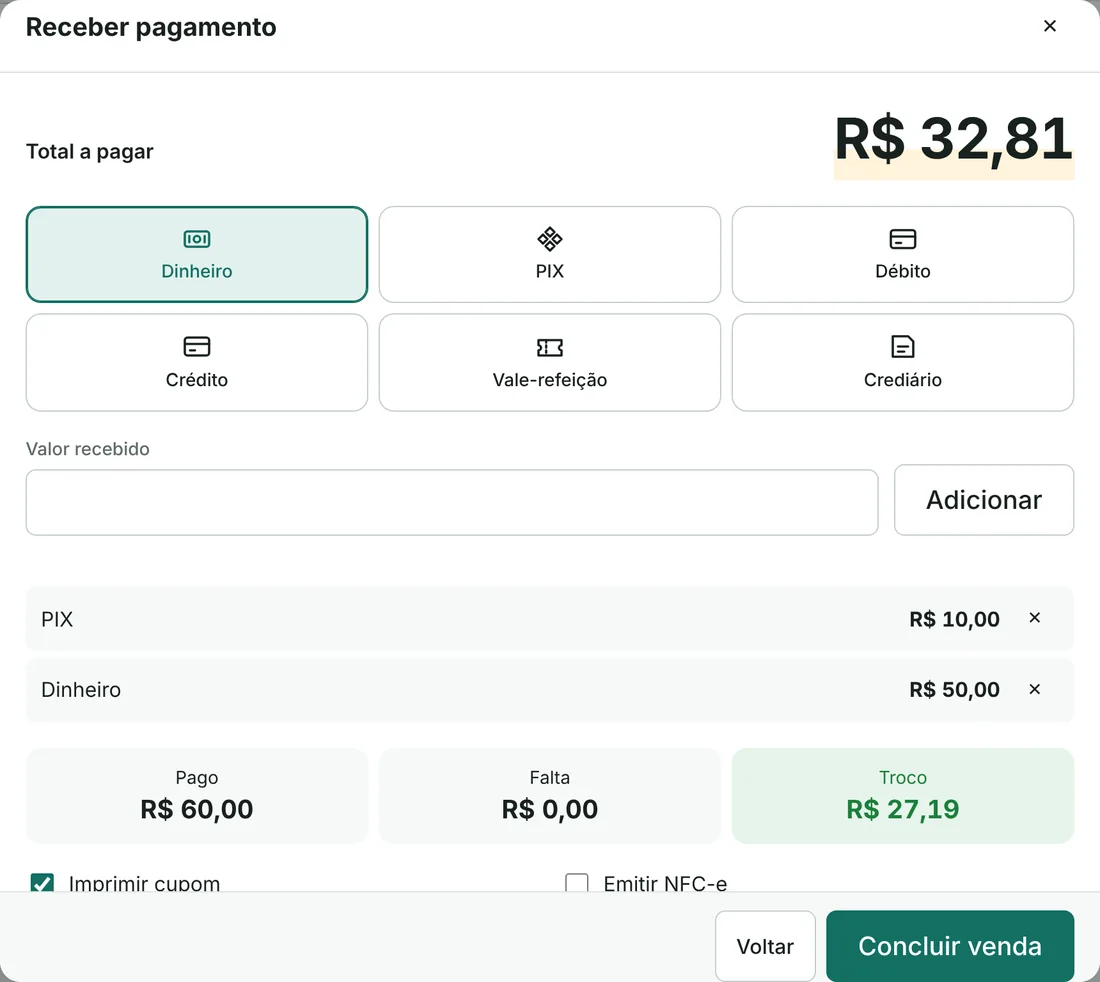 Tela de pagamento com PIX e dinheiro